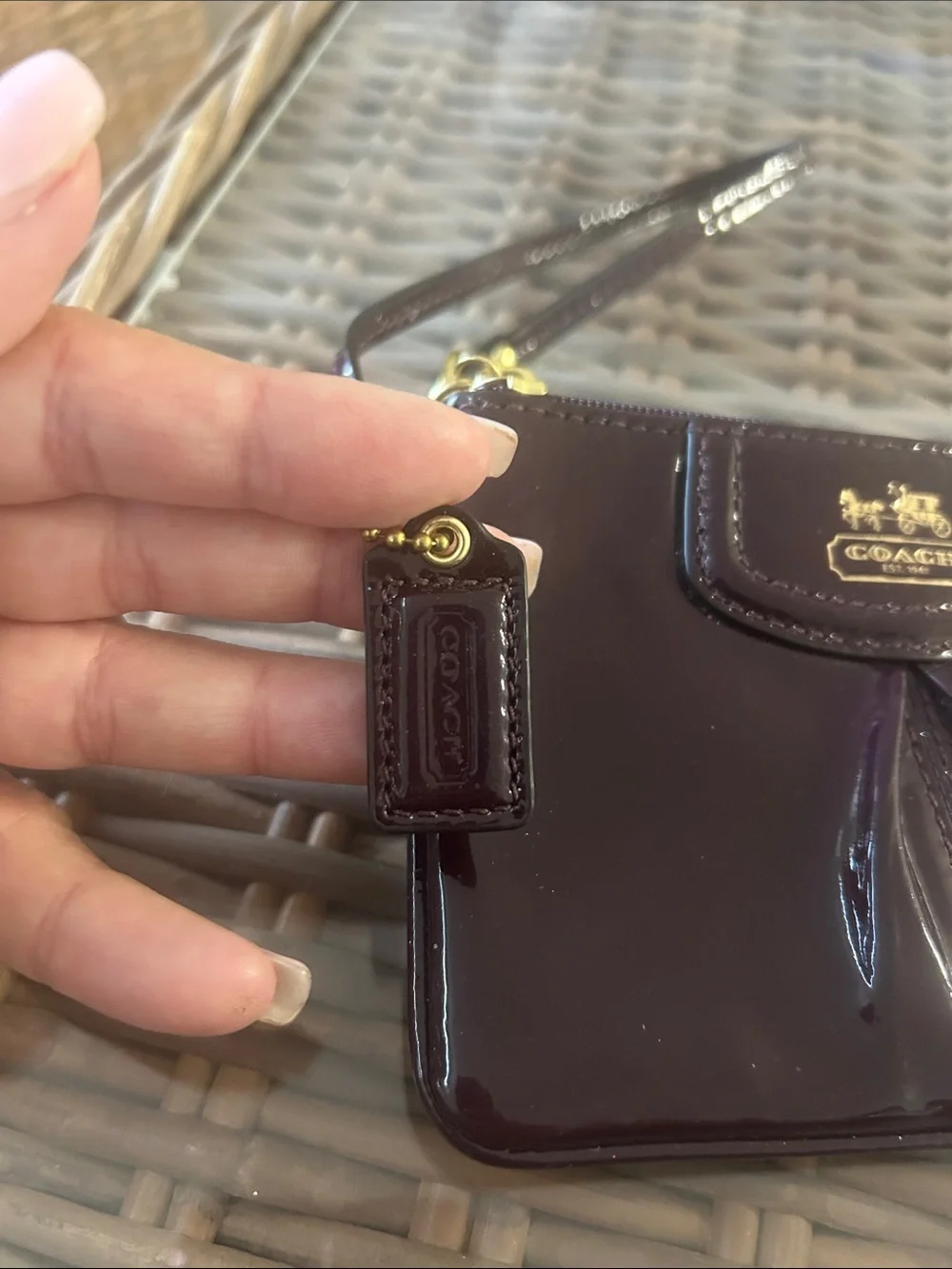 Coach Patent Leather Wristlet - Deep Plum with Gold Hardware